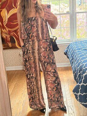 fab'rik Python Print Strapless Wide Leg Jumpsuit - L (Tall-Girl Friendly)